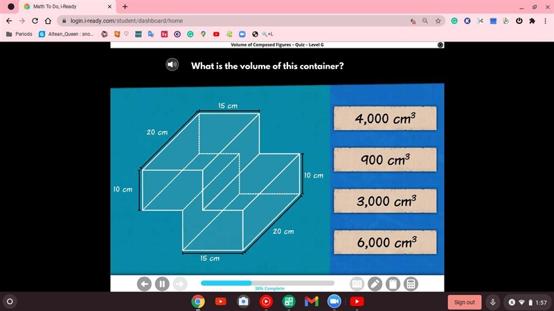 What is the volume of this container? 20 cm 15 cm 10 cm 15 cm 20 cm 10 cm-example-1