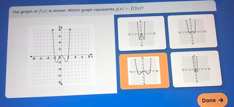 The graph of f(x) is shown. which graph represents g(x) = f(2x)-example-1