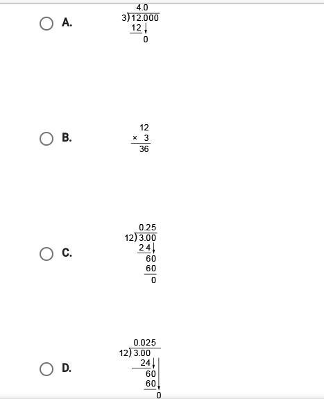 Which calculation and answer show how to convert 3/12 to a decimal?-example-1