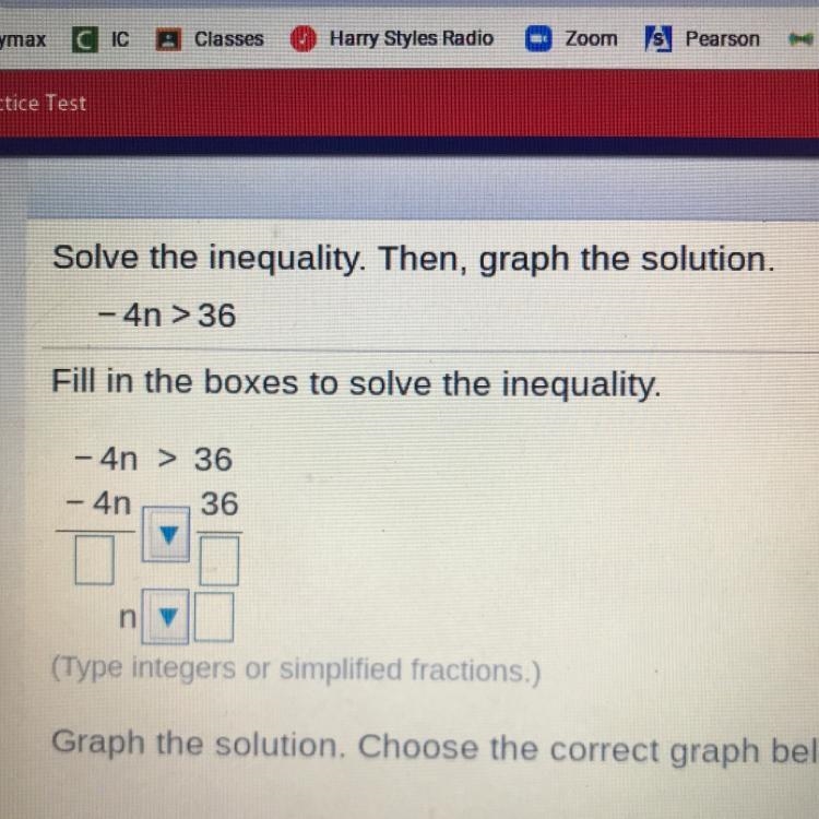 Fill in the boxes to solve the inequality. - 4n > 36 36 - 4n n-example-1