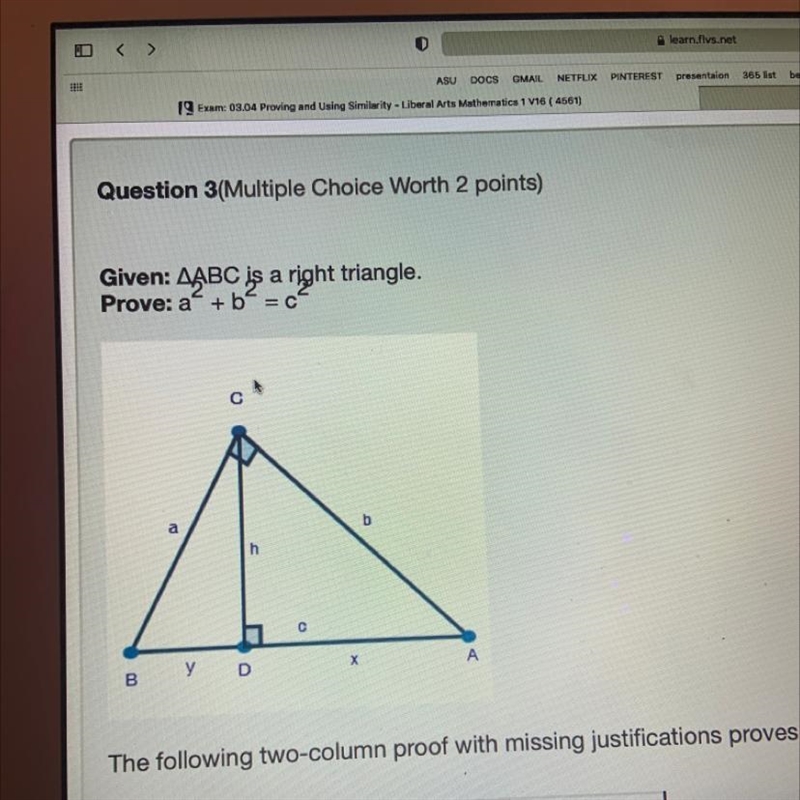 Given: Triangle ABC is a right triangle. Prove: a^2 + b^2 = c^2-example-1