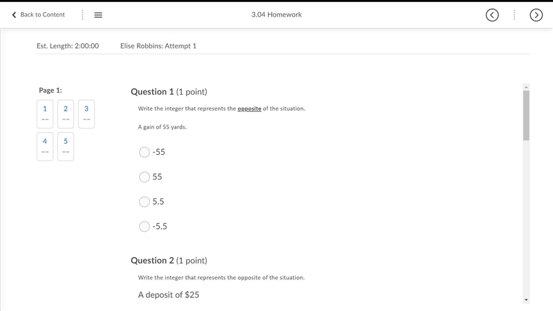 Write the integer that represents the opposite of the situation. A gain of 55 yards-example-1