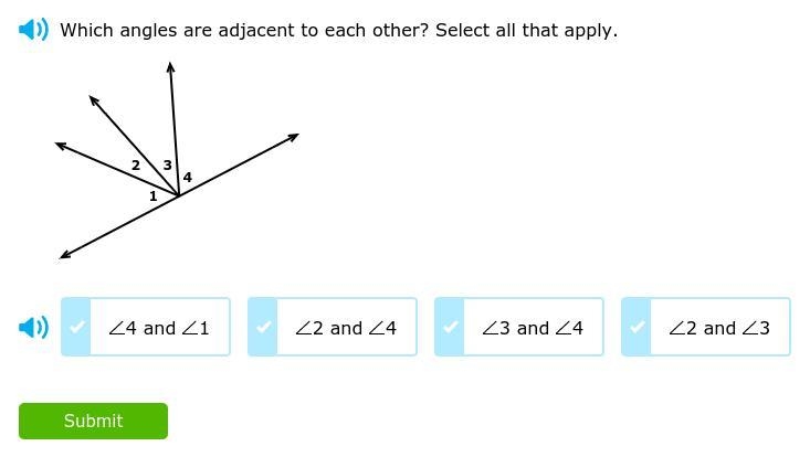 Which angles are adjacent to each other ? Select all the apply-example-1