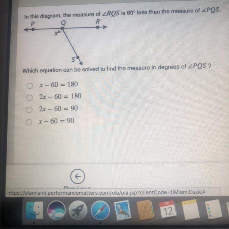 In this diagram, the measure of ZRQS is 60° less than the measure of ZPQS. Which equation-example-1