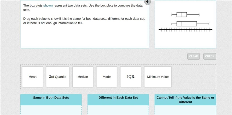 The box plots shown represent two data sets. Use the box plots to compare the data-example-1