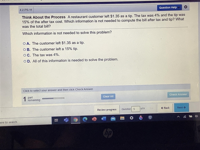 A restaurant customer left $1.35 as a tip... Plz help me-example-1