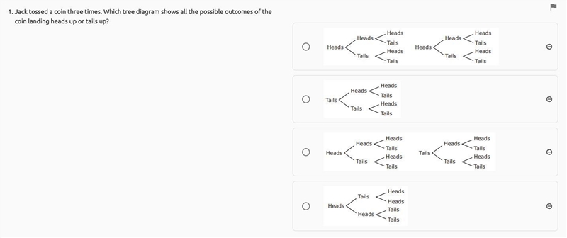 Jack tossed a coin three times. Which tree diagram shows all the possible outcomes-example-1