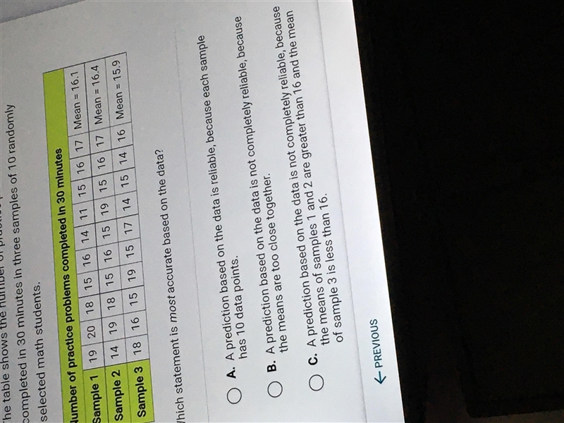 The table shows the number of practice problems completed in 30 minutes in three samples-example-1