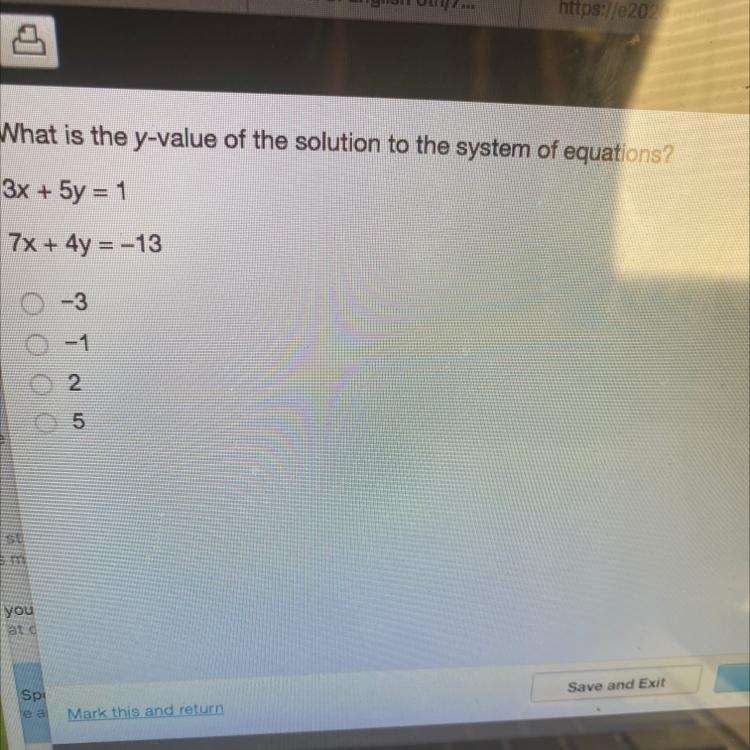 What is the y-value of the solution to the system of equations? 3x + 5y =1 7x + 4y-example-1