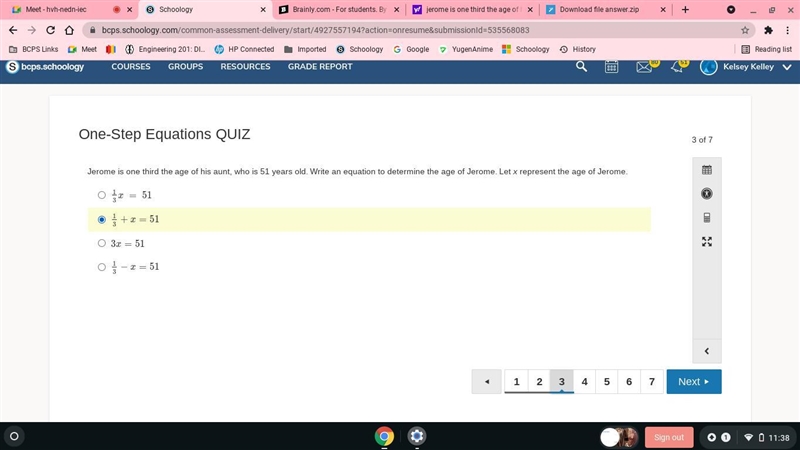 erome is one third the age of his aunt, who is 51 years old. Write an equation to-example-1