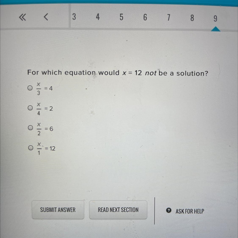 For which equation would x = 12 not be a solution?-example-1