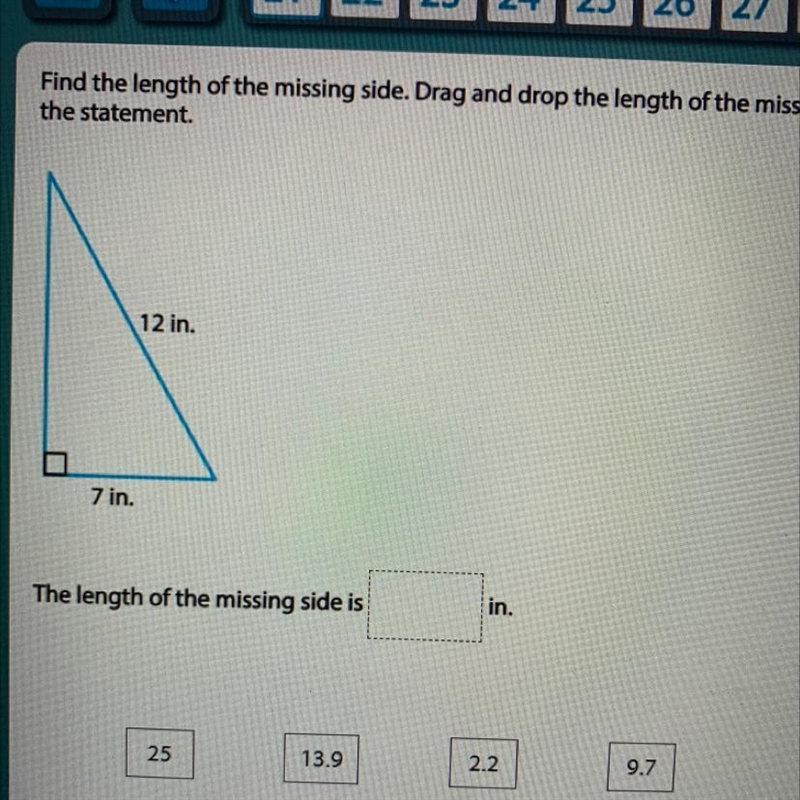 Find the length of the missing side Drag and drop the length of the missing side into-example-1