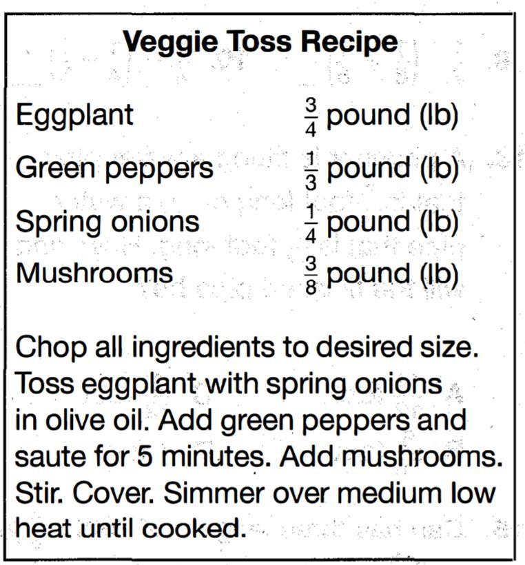 How much more eggplant does the recipe call for than green peppers and spring onions-example-1