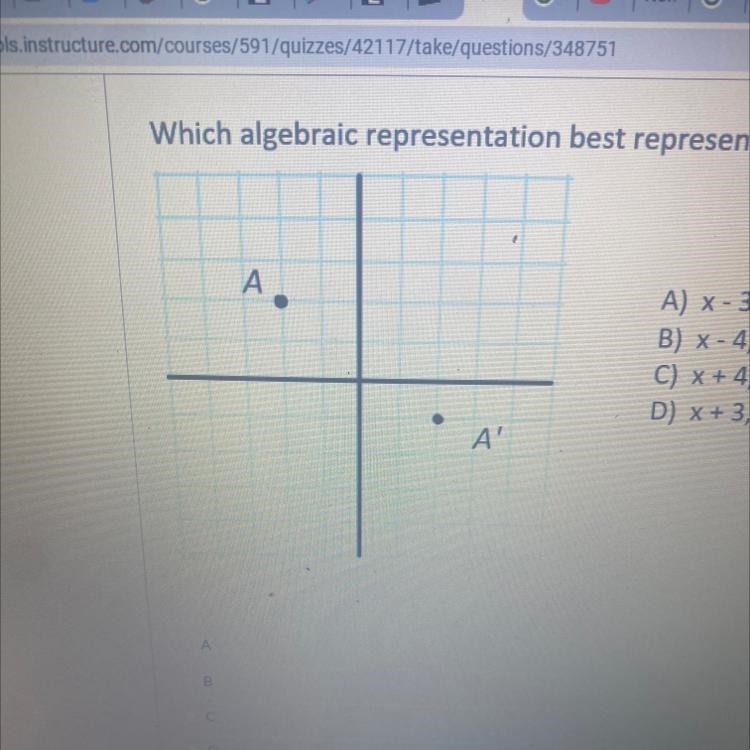 Which algebraic representation best represents the translation? А. A) x-3, y +4 B-example-1