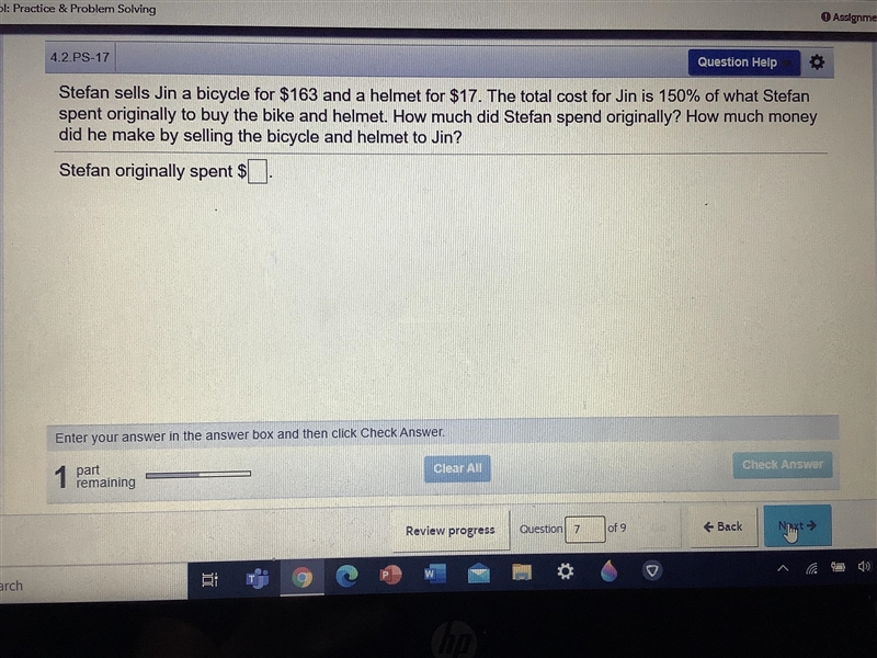 Stefan sells Jin a bicycle for $163 and a helmet for $17...-example-1