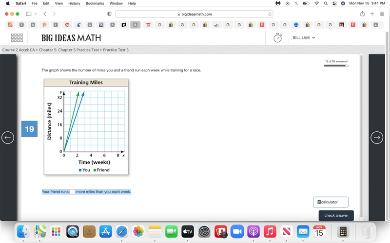 The graph shows the number of miles you and a friend run each week while training-example-1