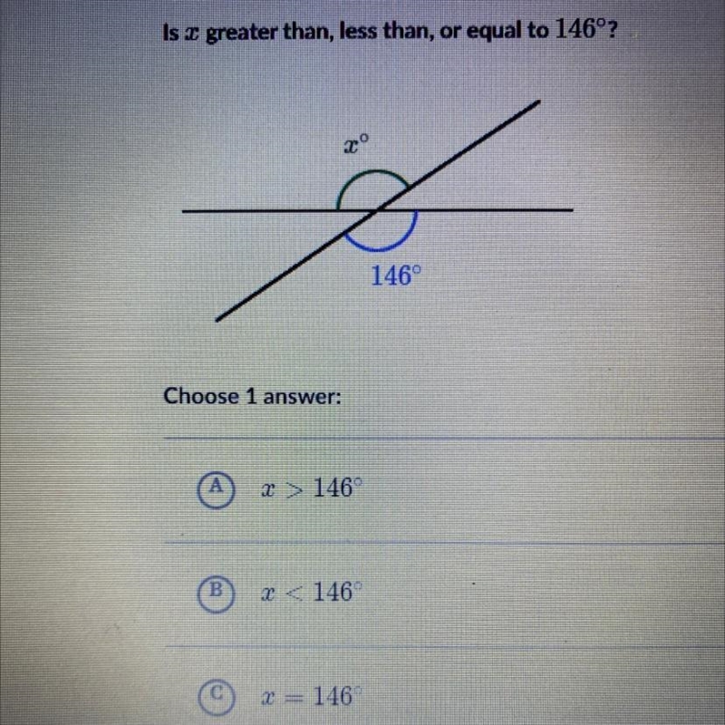 Is x greater than, less than, or equal to 146° ?-example-1