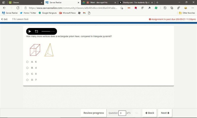 How many more vertices does a rectangular prism have, compared to triangular pyramid-example-1