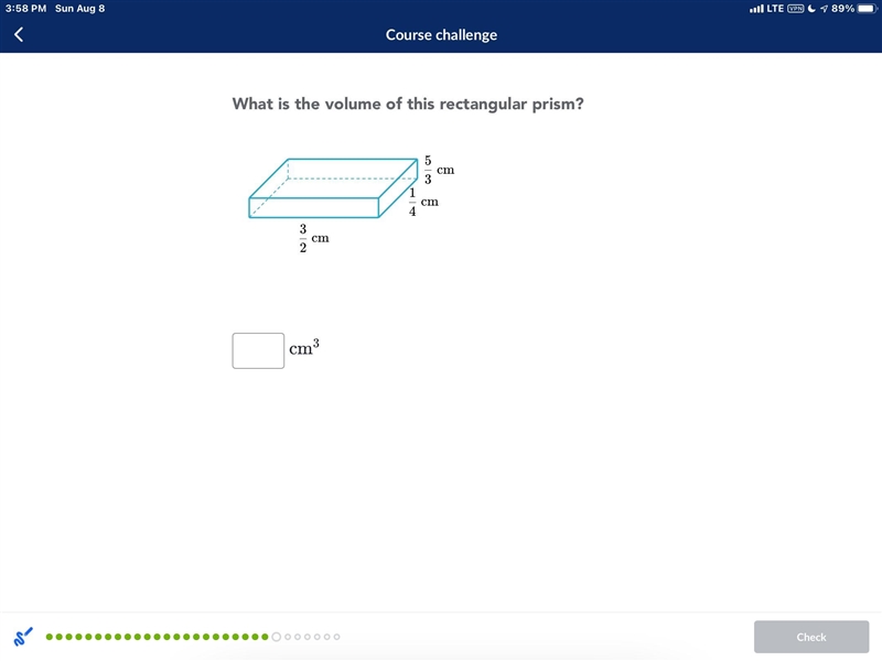 What is the volume of this rectangular prism? Is it 3/2 x 1/4 x 5/3??-example-1