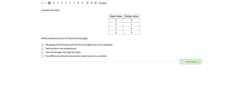 Consider the table: Input value Output value 0 0 1 1 2 4 3 9 Which statements are-example-1