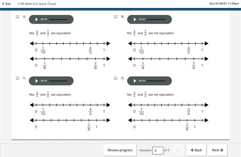 Are 45 and 78 equivalent? Which pair of number lines supports your answer? Choices-example-1