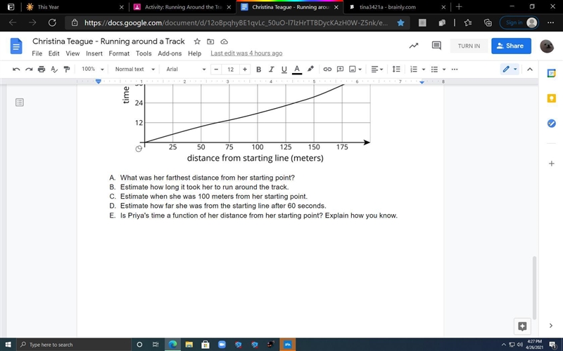 Answer all the questions: What was her farthest distance from her starting point? Estimate-example-1