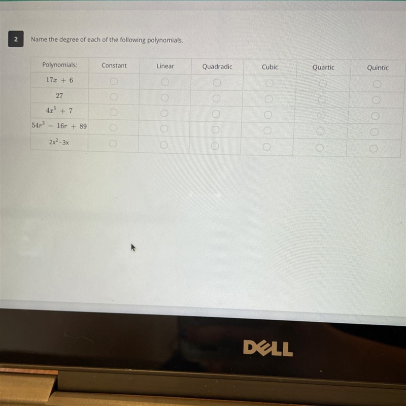 Please help me with algebra name the degree of each polynomial (5 of them)-example-1