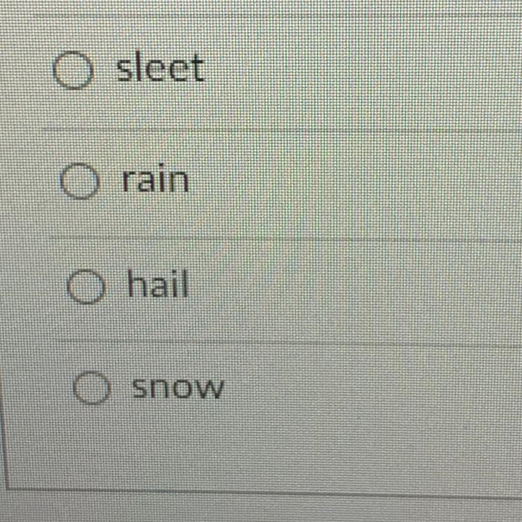 This form of precipitation starts out frozen in the clouds, then falls through warmer-example-1