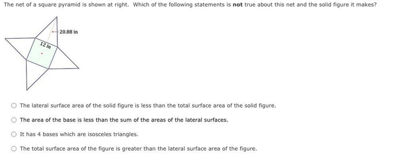 Help :} A: The lateral surface area of the solid figure is less than the total surface-example-1