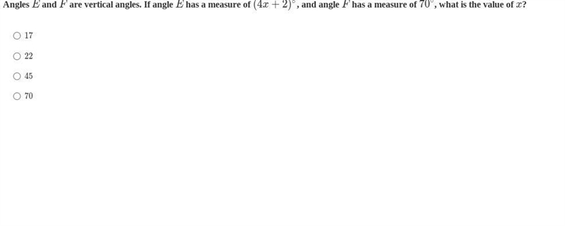 Angles E and F are vertical angles. If angle E has a measure of (4x+2)∘, and angle-example-1