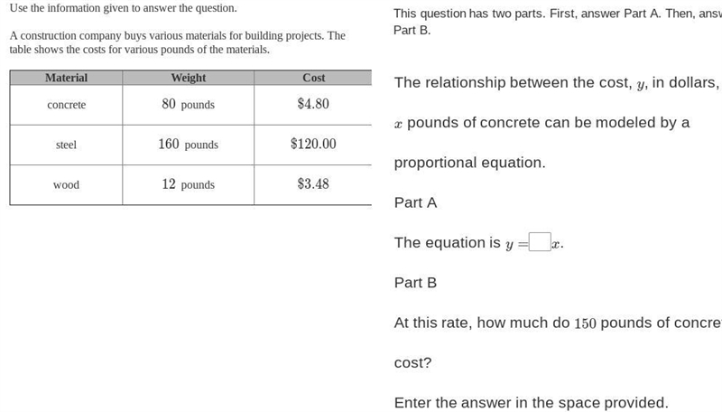 The relationship between the cost, y, in dollars, of x pounds of concrete can be modeled-example-1