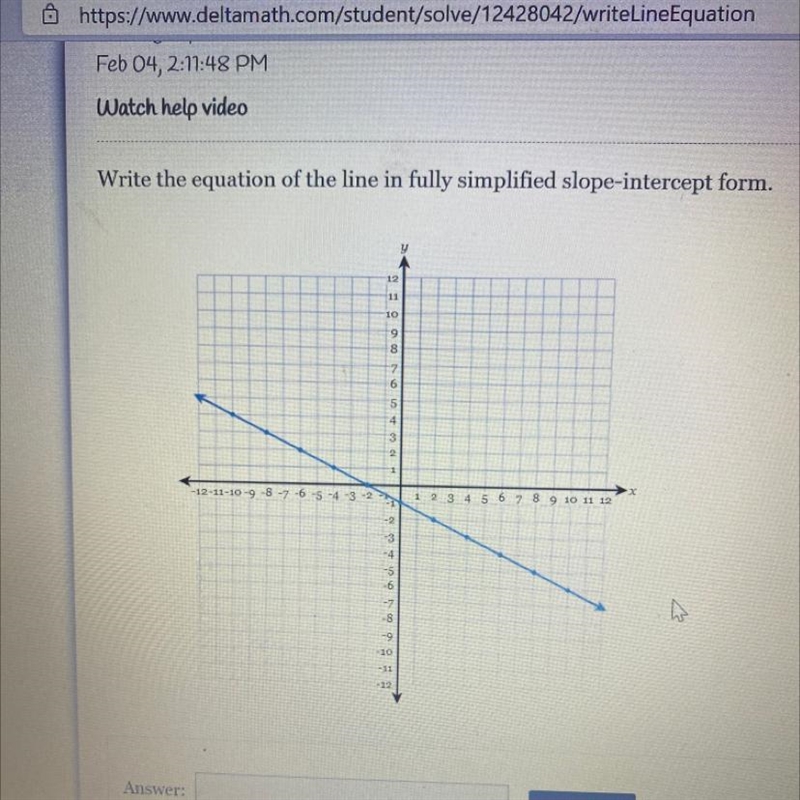 Write the equation of the line in fully simplified slope-intercept form.-example-1