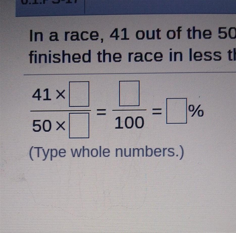 In a race, 41 out of the 50 bicyclists finished in less than 38 minutes. What percent-example-1