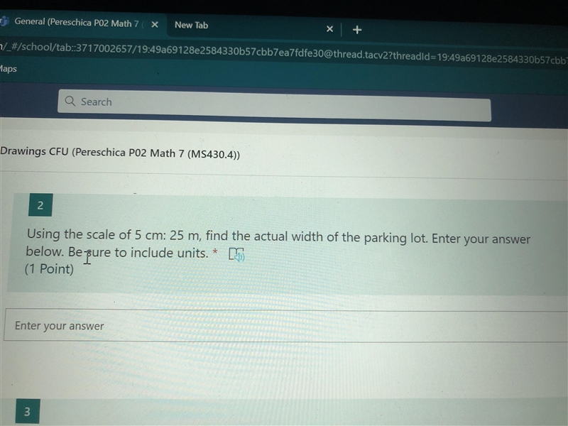 Using the scale of 5cm: 25m, find the actual width of the parking lot. Enter your-example-1