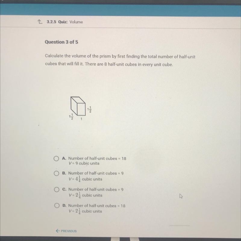 Calculate the volume of the prism by first finding the total number of half-unit cubes-example-1