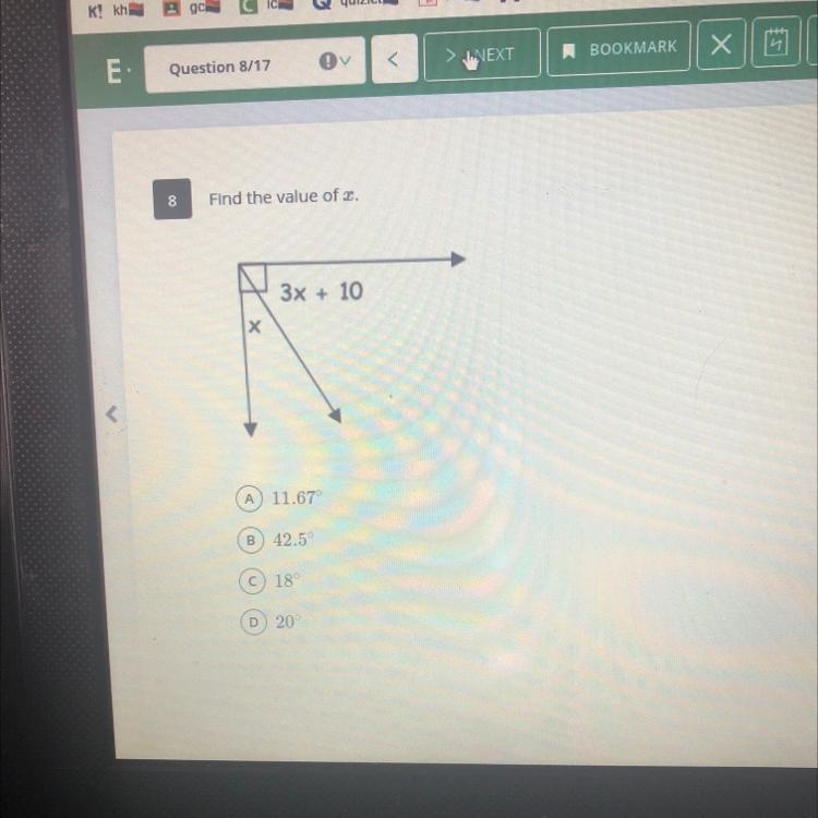 Find the value of x A. 11.67° B. 42.5° C.18° D.20°-example-1