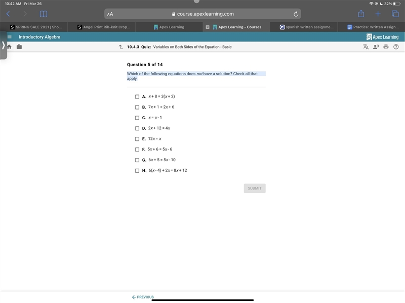 Which of the following equations have no solution? Check all that apply.-example-1