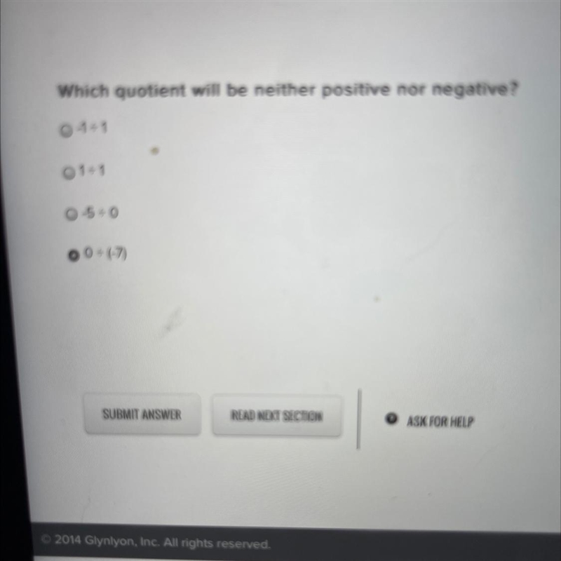 Which quotient will be neither positive nor negative?-example-1