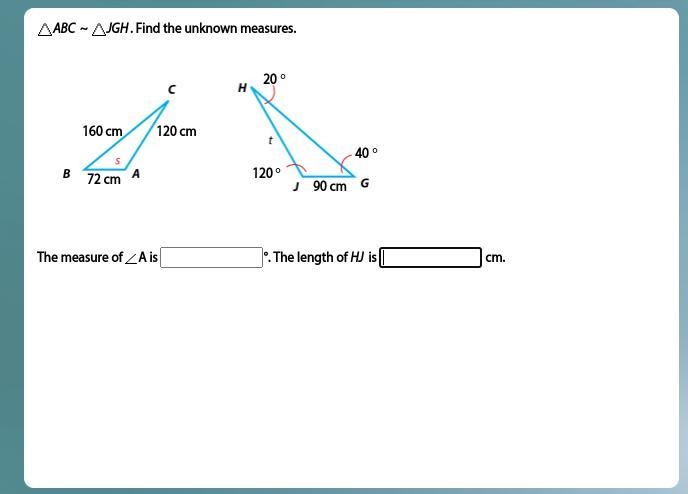 Find the unknown measures. The measure of angle A is °. The length of is cm.-example-1