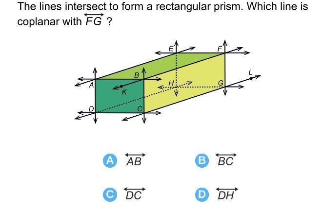 The line intersects to form a rectangular prism. which line is coplanar With FG-example-1