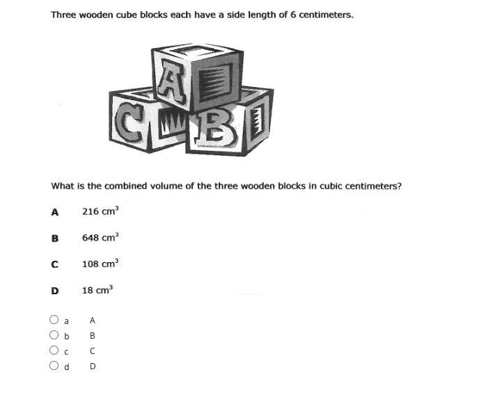 Three wooden cube blocks each have a side length of 6cm. What is the combined volume-example-1