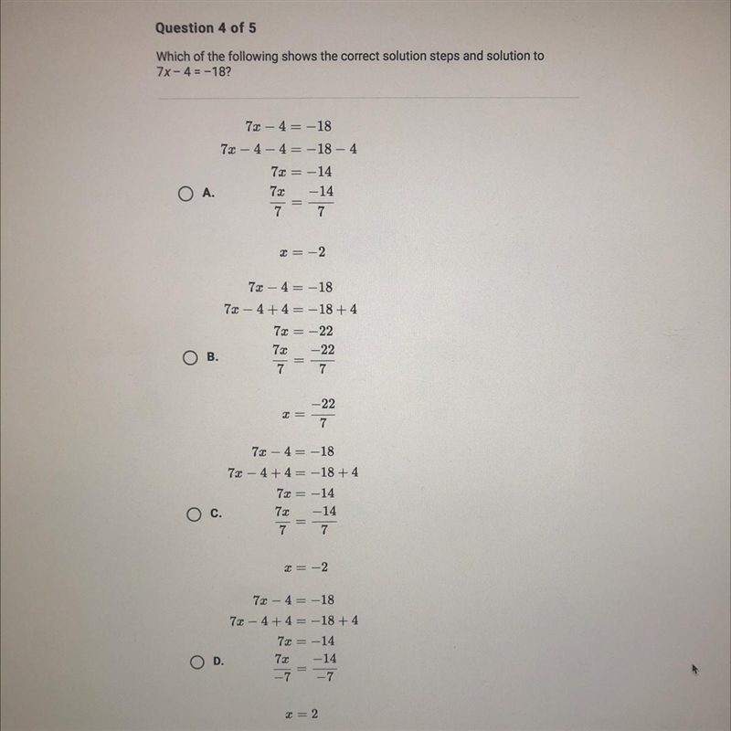 Х = -2 73 – 4 = –18 7 — 4 + 4 = -18 +4 7x = -22 ОВ. 7 -22 7 7 — 22 T= 7 7 – 4 = –18 7 – 4 + 4 = –18 + 4 7x-example-1