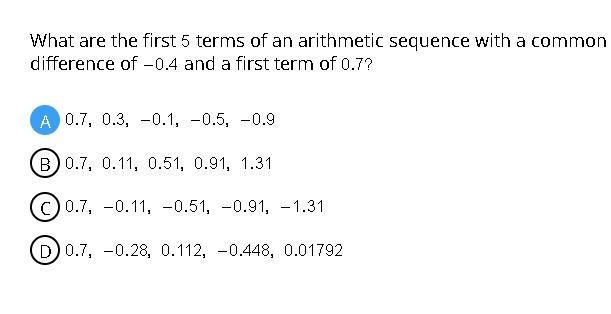 What are the first 5 terms of an arithmetic sequence with a common difference of – 0.4 and-example-1