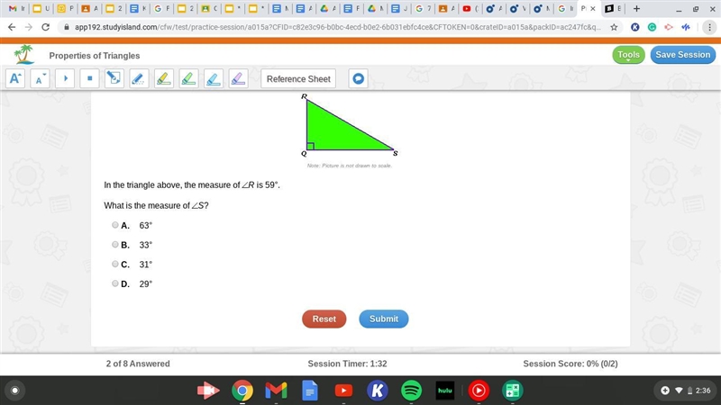 In the triangle above, the measure of R is 59°. What is the measure of S? A. 63° B-example-1