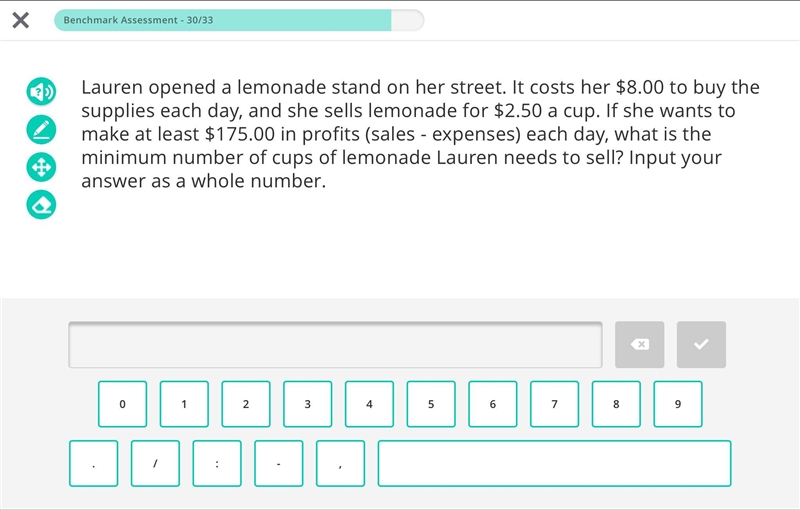 Lauren opened a lemonade stand on her street. It costs her $8.00 to buy the supplies-example-1