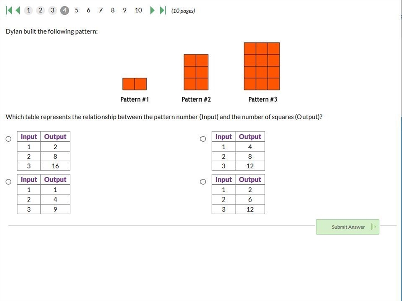 Dylan built the following pattern: Which table represents the relationship between-example-1