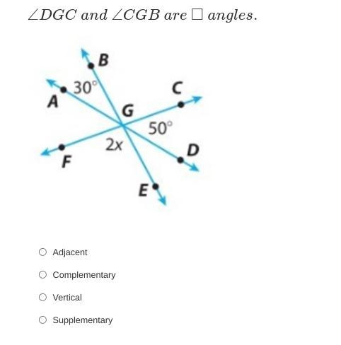 ∠DGC and ∠CGB are _ angles.-example-1