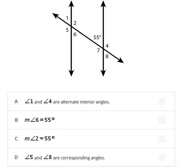 In the diagram, two parallel lines are intersected by a transversal. Which statement-example-1