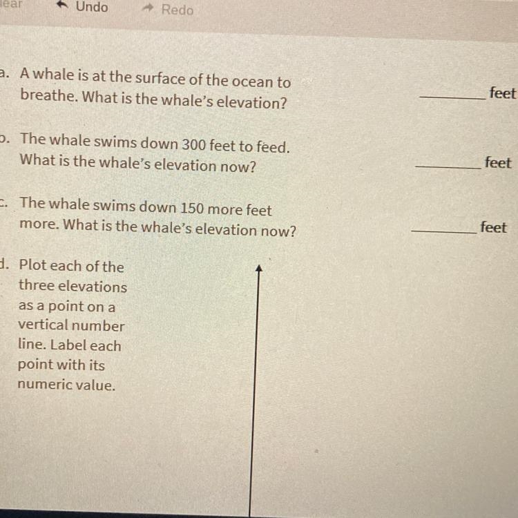 A. A whale is at the surface of the ocean to breathe. What is the whale's elevation-example-1