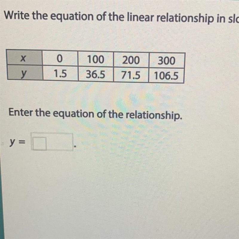 Write the equation of the linear relationship in slope-intercept form, using decimals-example-1